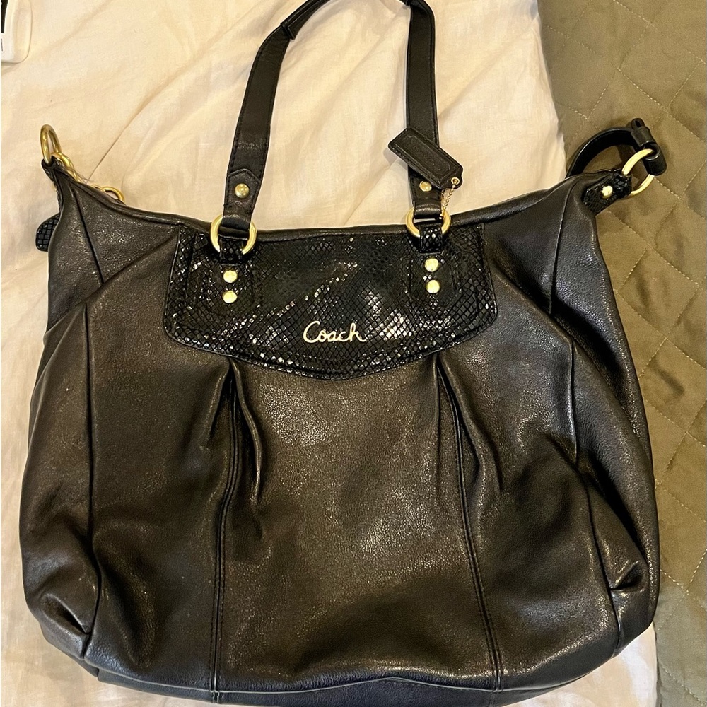 COACH black leather crossbody with black snake accent